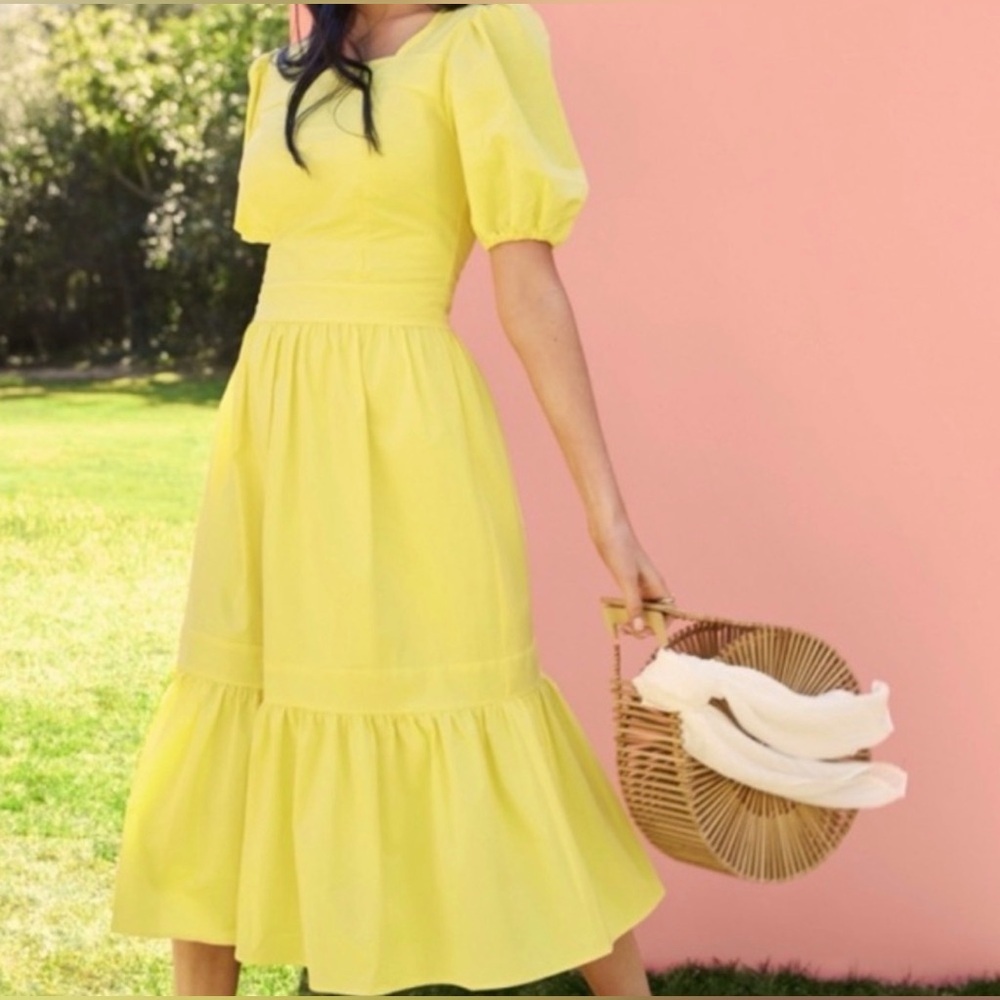 Rachel‎ Parcell Yellow Midi Dress Small Square Neck Puff Sleeve Ruffle Hem